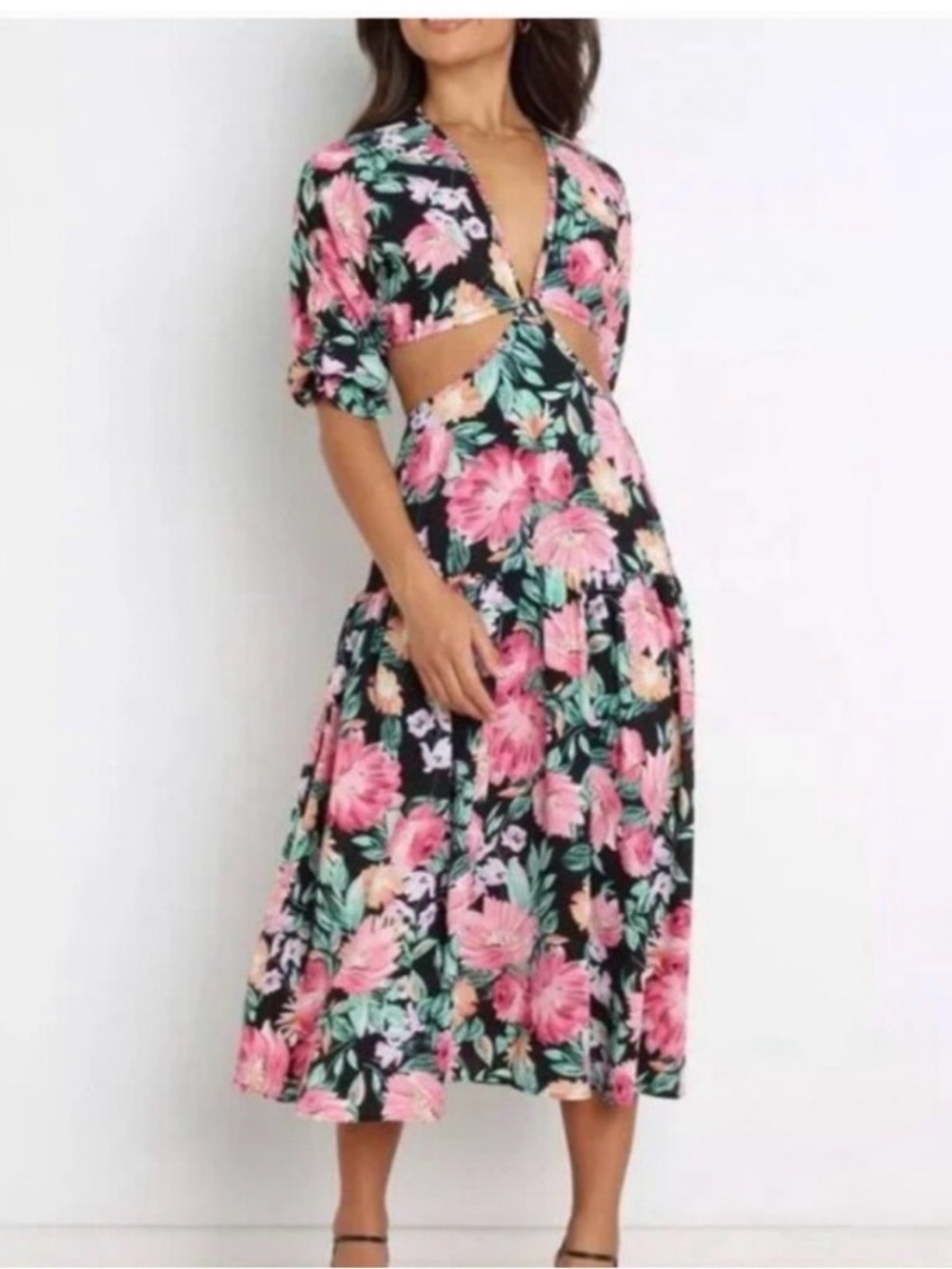 Petal & Pup NEW Tara Cut Out Floral V Neck Midi Dress in Black Size 10 NWT
